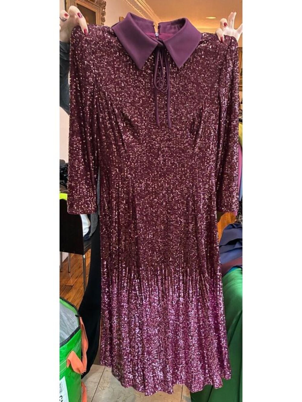 Badgley Mischka Couture Burgundy Sequin Dress Long Sleeve Statement Collar 4 - Picture 3 of 4
